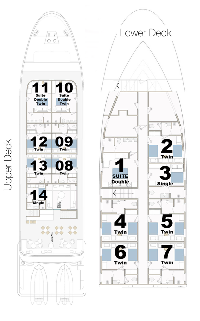 Ghazala Adventure deck plan showing the position of cabins 1 to 14 across the lower and upper decks